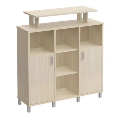 Стеллаж средний с надстройкой и деревянными дверками дуб шамони Борн, размер: 1426x450x1530