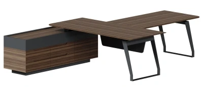 Стол на опорной тумбе 2200х1800х750 левый с брифингом QZ.0101.BW.GF + QZ.0201.4.BW.GF.L + QZ.0103.BW.GF орех американский, лючок в тумбе черный